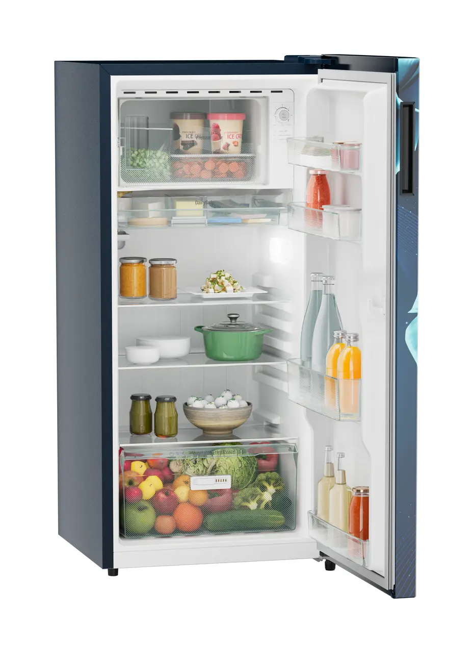 Product image, Perspective: oblique open decorated, Single-door refrigerator 191 l in 3 star with VegFresh box, Casing colour: blue, Door colour: Blue Divine
