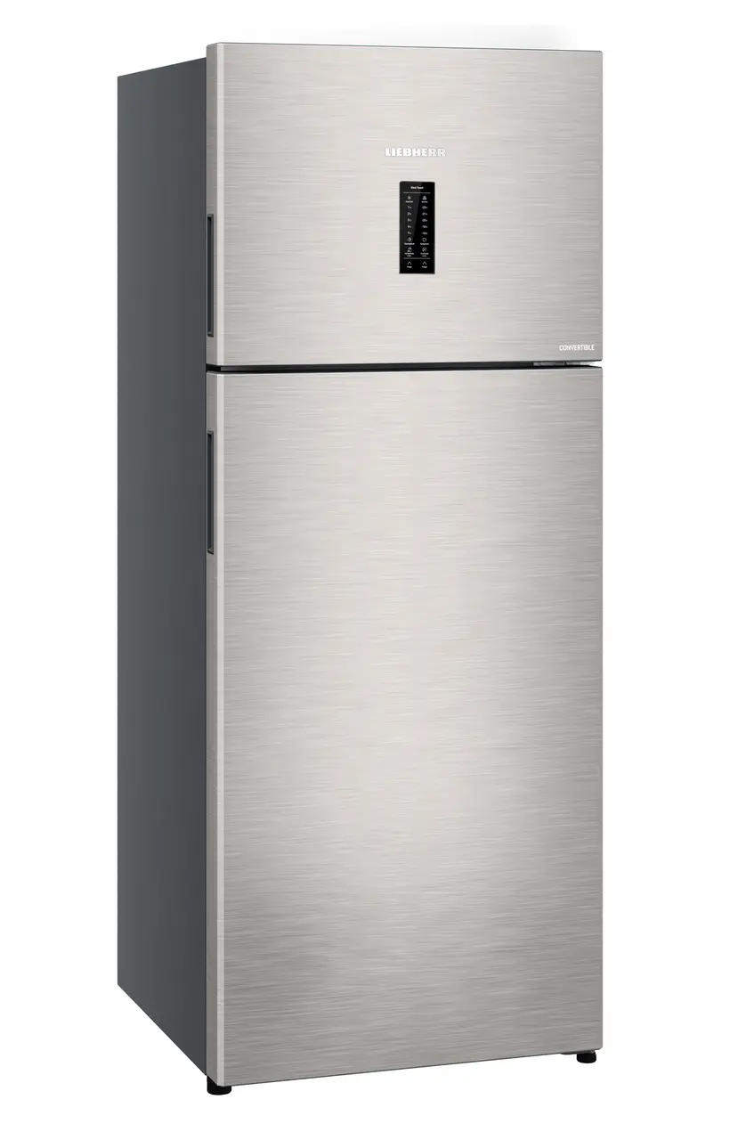 Product image, Perspective: oblique closed, Fridge-freezer with NoFrost, Casing colour: grey, Door colour: Stainless Steel