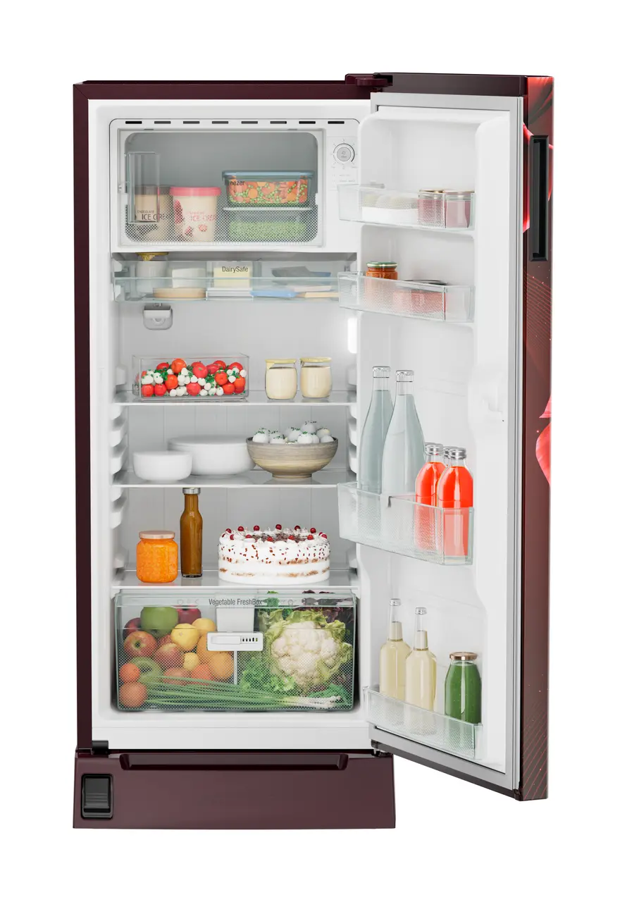 Product image, Perspective: straight open decorated, Single-door refrigerator 191 l in 3 star with foot pedal base drawer, Casing colour: red, Door colour: Red Divine