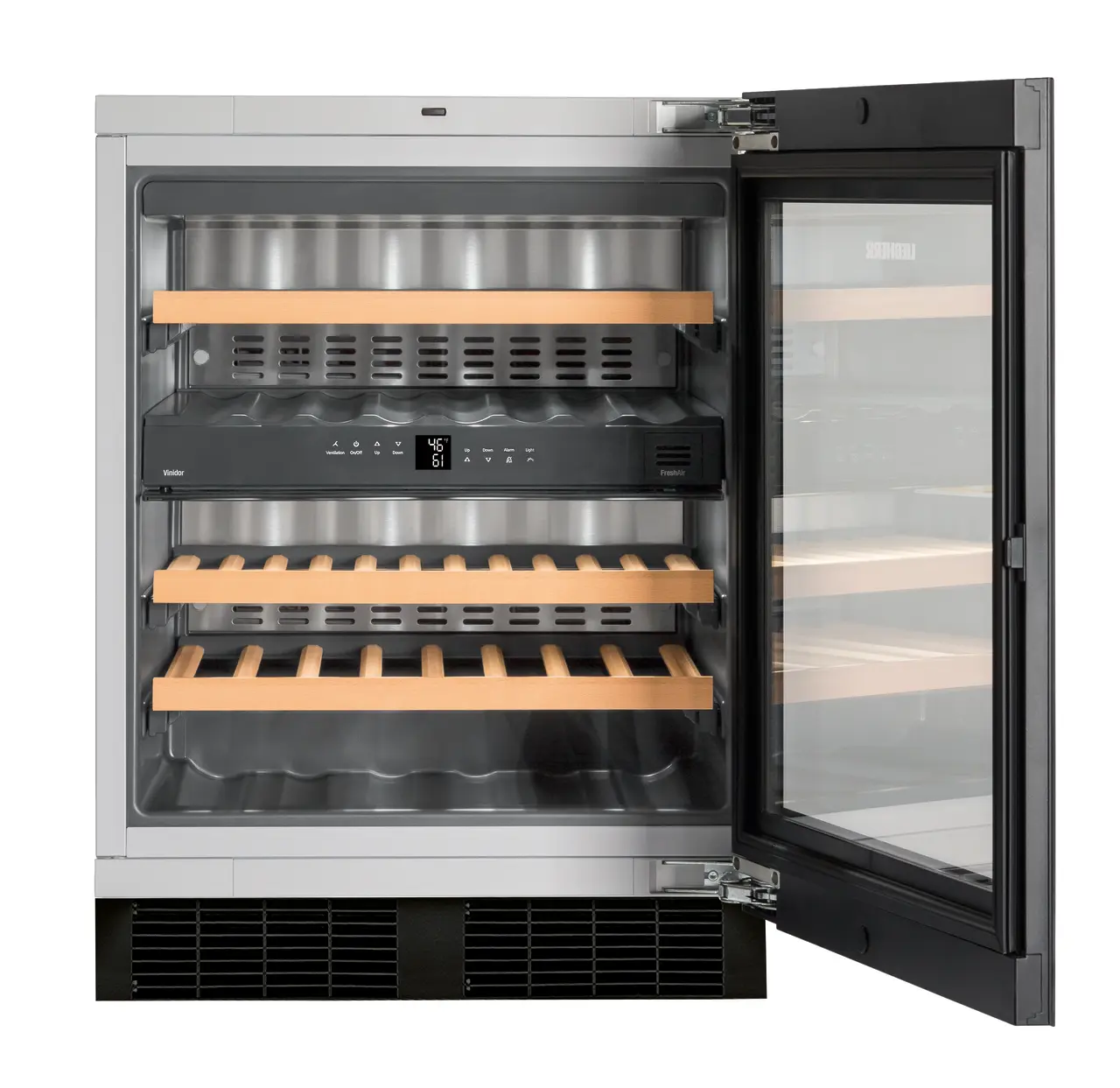Product image, Perspective: straight open empty, Built-under multi-temperature wine cabinet, Casing colour: silver, Door colour: GlassBlack
