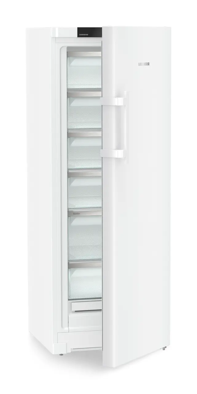 Изображение продукции, Перспектива: Под углом, с полуоткрытой дверцей, без продуктов, Морозильная камера с системой NoFrost, Цвет корпуса: белый, Цвет дверцы: белый