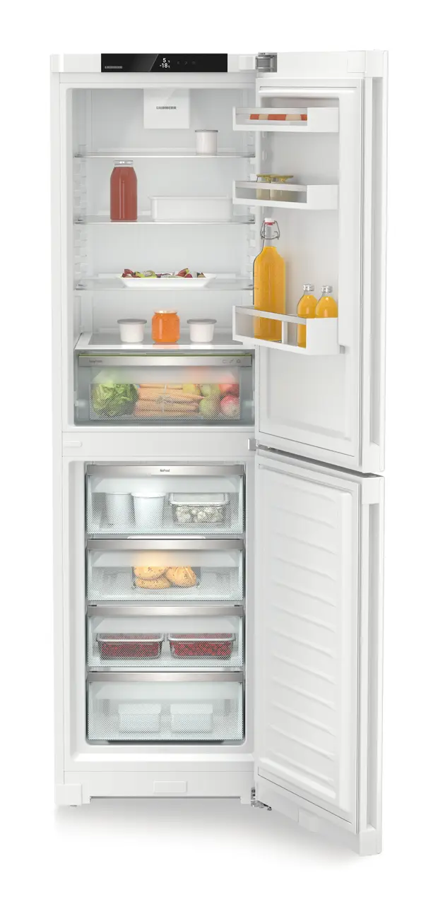Изображение на продукта, Перспектива: Отпред, отворен, отворен с продукти, Комбинация от хладилник и фризер с EasyFresh и NoFrost, Цвят на корпуса: бял, Цвят на вратата: бял