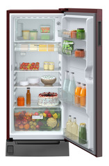 Product image, Perspective: straight open decorated, Single-door fridge 202 l in 5 star with foot pedal base drawer, Casing colour: red, Door colour: Red Rosette