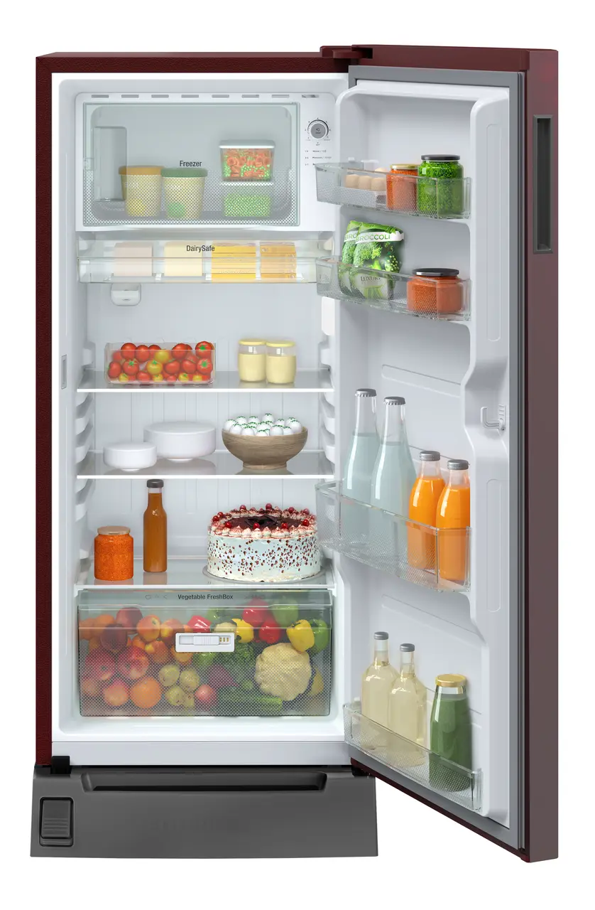 Product image, Perspective: straight open decorated, Single-door fridge 202 l in 5 star with foot pedal base drawer, Casing colour: red, Door colour: Red Rosette