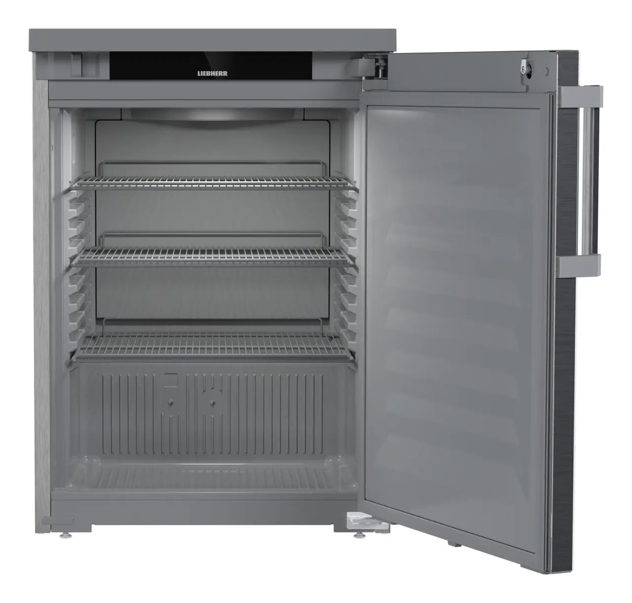 Obraz produktu, Perspektywa: Na wprost, otwarte, puste, Chłodziarka do zabudowy pod blat z chłodzeniem powietrzem obiegowym, Kolor obudowy: Stal szlachetna, Kolor drzwi: Stal szlachetna