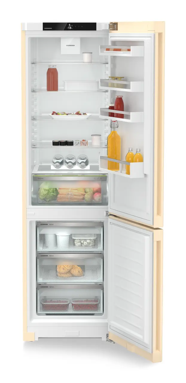 Gaminio vaizdas, Perspektyva: Iš priekio, atidarytas, dekoruotas, Šaldytuvo ir šaldiklio derinys su „EasyFresh“ ir „NoFrost“, Korpuso spalva: Smėlinė, Durų spalva: Smėlinė