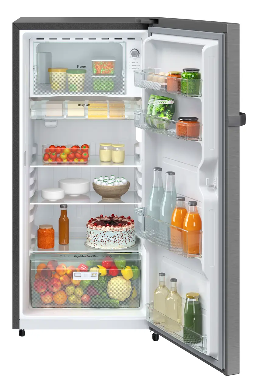 Product image, Perspective: straight open decorated, Single-door fridge, 191 l in 2 star and horizontal handle, Casing colour: grey, Door colour: Silver Steel