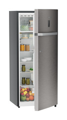 Product image, Perspective: oblique half-open decorated, Single-door refrigerator 222 l in 4 star with iCoolTouch UI, Casing colour: grey, Door colour: Stainless Steel