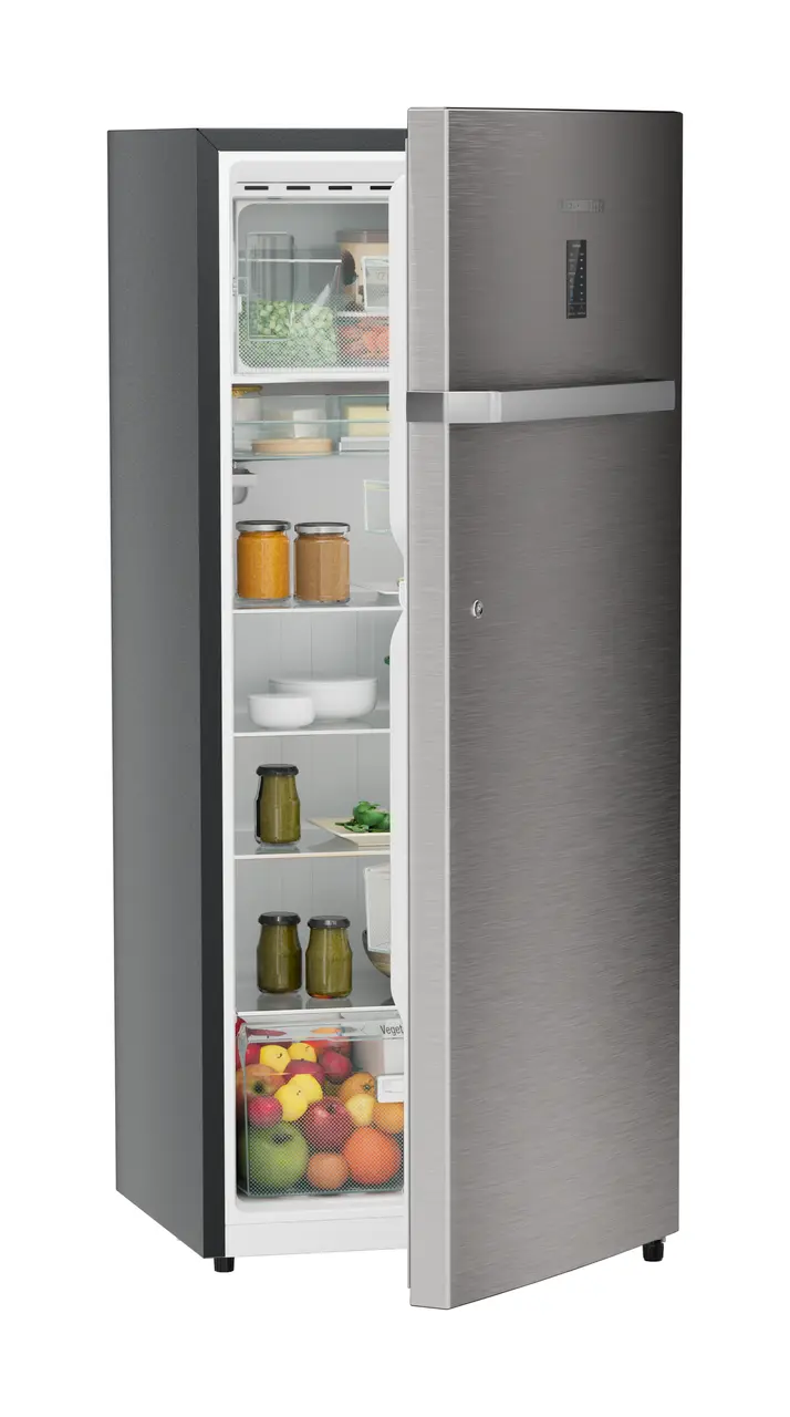 Product image, Perspective: oblique half-open decorated, Single-door refrigerator 222 l in 4 star with iCoolTouch UI, Casing colour: grey, Door colour: Stainless Steel