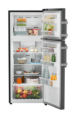 Product image, Perspective: straight open decorated, Fridge-freezer with NoFrost, Casing colour: grey, Door colour: BlackSteel