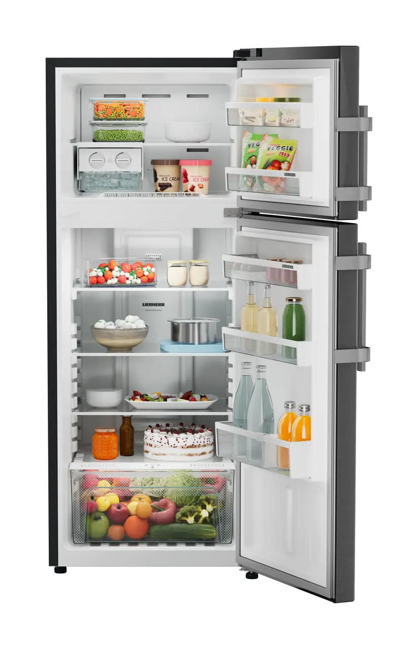 Product image, Perspective: straight open decorated, Fridge-freezer with NoFrost, Casing colour: grey, Door colour: BlackSteel