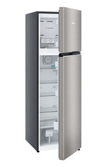 Product image, Perspective: oblique half-open empty, Fridge-freezer with NoFrost, Casing colour: grey, Door colour: Grey Steel
