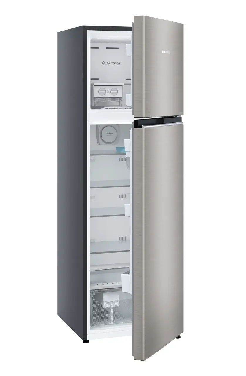 Product image, Perspective: oblique half-open empty, Fridge-freezer with NoFrost, Casing colour: grey, Door colour: Grey Steel