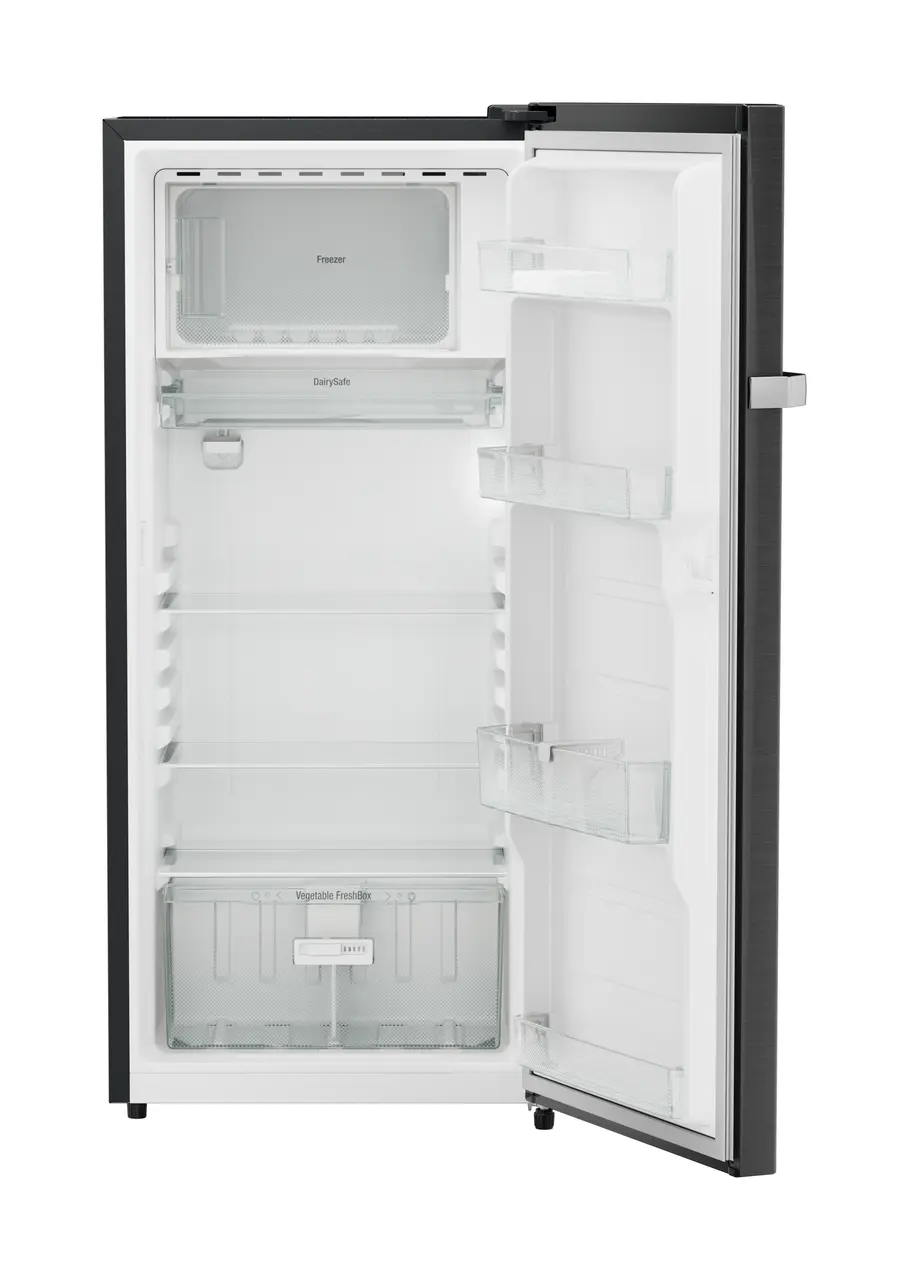 Product image, Perspective: straight open empty, Single-door refrigerator 202 l in 4 star with iCoolTouch UI, Casing colour: grey, Door colour: BlackSteel