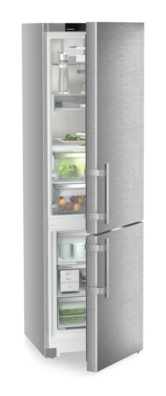 Product image, Perspective: oblique half-open decorated, Fridge-freezer with BioFresh and NoFrost, Casing colour: silver, Door colour: stainless steel