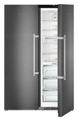 Product image, Perspective: straight half-open empty, Side-by-Side combination, Casing colour: BlackSteel, Door colour: BlackSteel