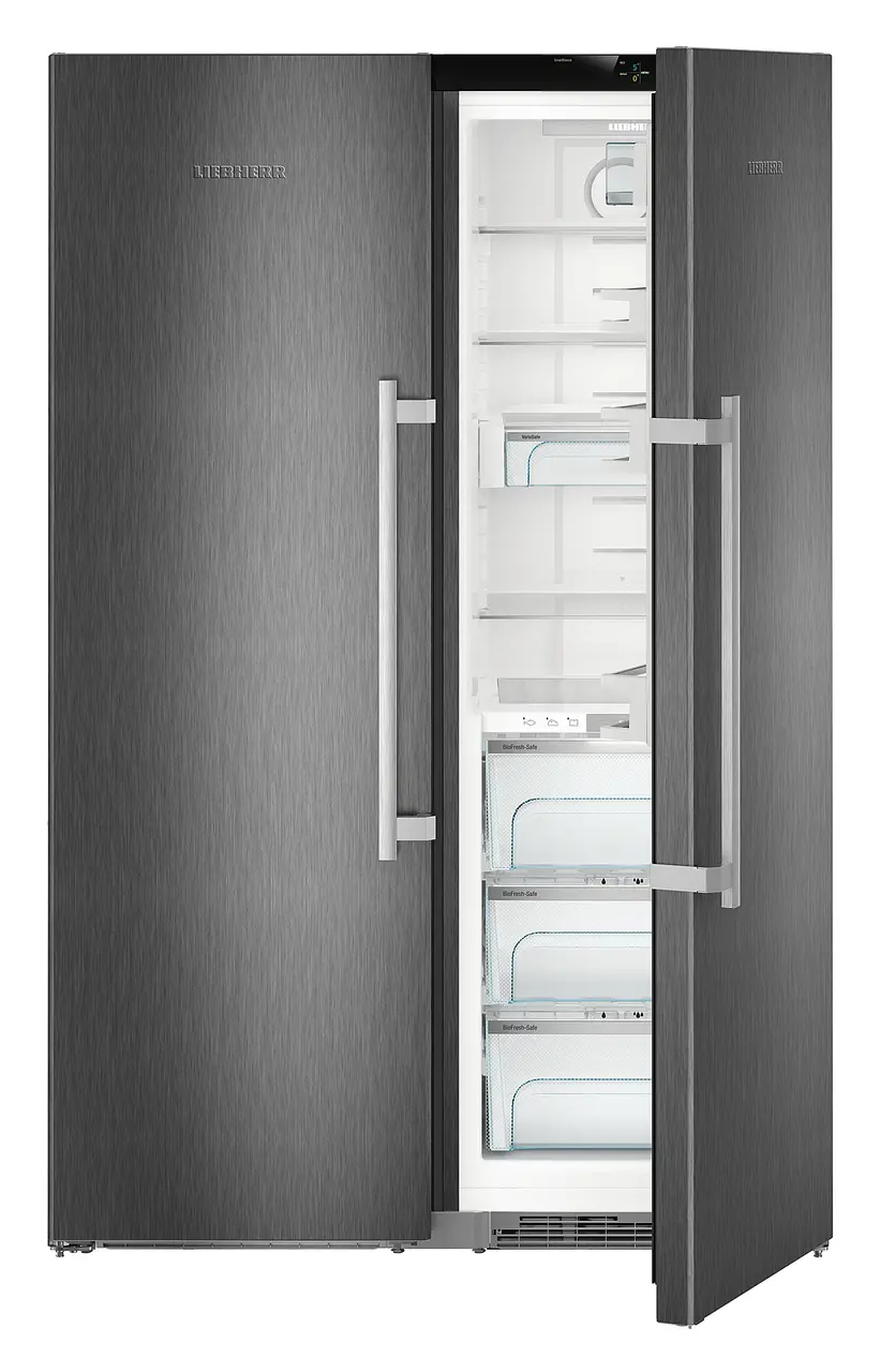 Product image, Perspective: straight half-open empty, Side-by-Side combination, Casing colour: BlackSteel, Door colour: BlackSteel