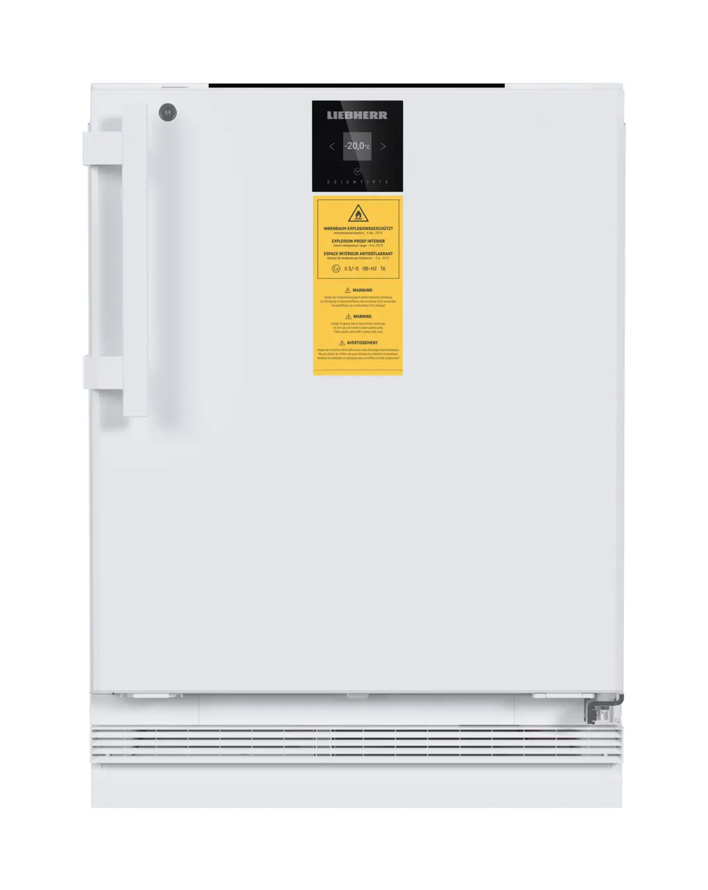Εικόνα προϊόντος, Προοπτική: Μπροστινή όψη, κλειστή, Εργαστηριακός καταψύκτης με εσωτερικό χωρίς πηγή ανάφλεξης, Χρώμα περιβλήματος: Λευκό, Χρώμα πόρτας: Λευκό