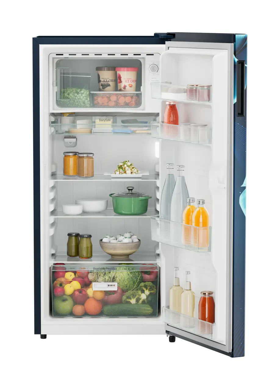 Product image, Perspective: straight open decorated, Single-door refrigerator 191 l in 3 star with VegFresh box, Casing colour: blue, Door colour: Blue Divine