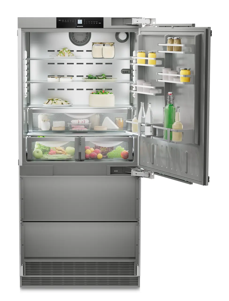 Product image, Perspective: straight open decorated, Combined refrigerator-freezer with NoFrost for integrated use, Casing colour: Anthracite