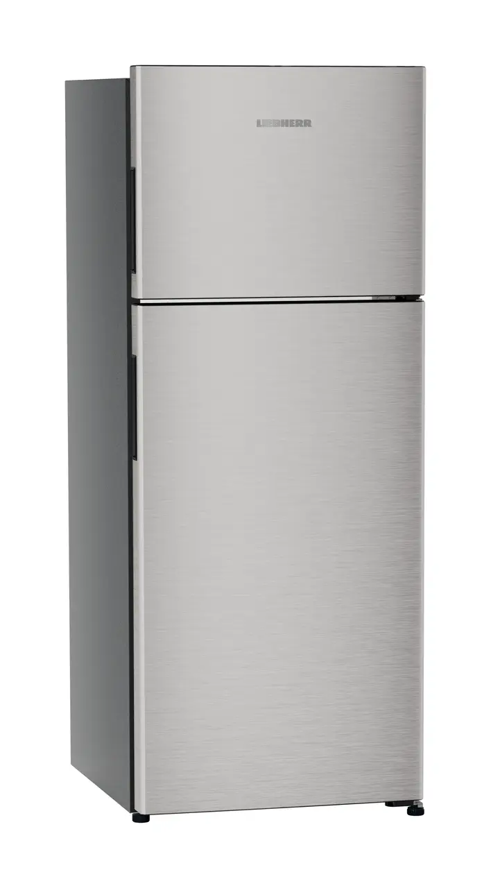 Product image, Perspective: oblique closed, Fridge-freezer with NoFrost, Casing colour: grey, Door colour: Stainless Steel