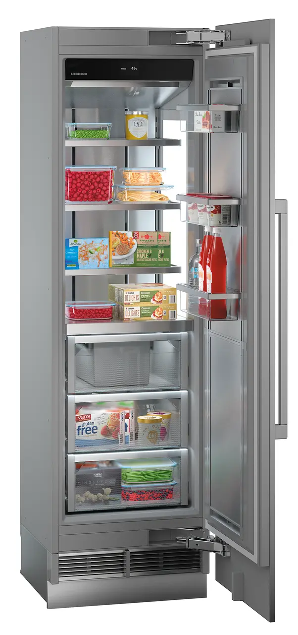 Produkt-Bild, Perspektive: schräg offen dekoriert, Integrierbarer Gefrierschrank mit NoFrost, Gehäusefarbe: Grau