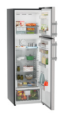 Product image, Perspective: oblique open decorated, Fridge-freezer with NoFrost, Casing colour: grey, Door colour: Stainless Steel