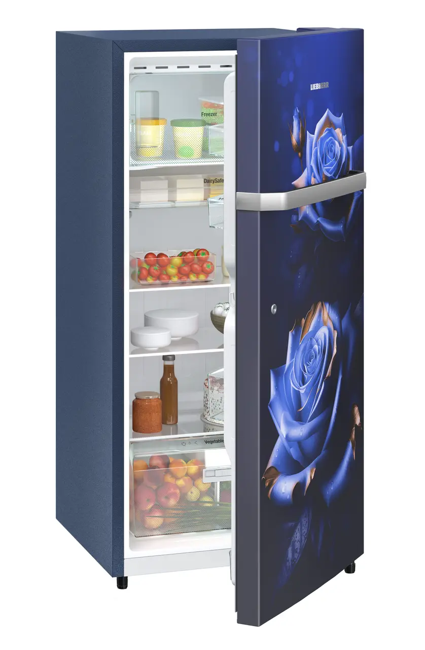 Product image, Perspective: oblique half-open decorated, Single-door refrigerator 191 l in 5 star with inverter compressor, Casing colour: blue, Door colour: Blue Rosette