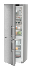 Product image, Perspective: oblique half-open decorated, Combined fridge-freezers with EasyFresh and NoFrost, Casing colour: silver, Door colour: stainless steel