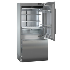 Product image, Perspective: oblique open empty, Combined refrigerator-freezer with BioFresh and NoFrost for integrated use, Casing colour: grey