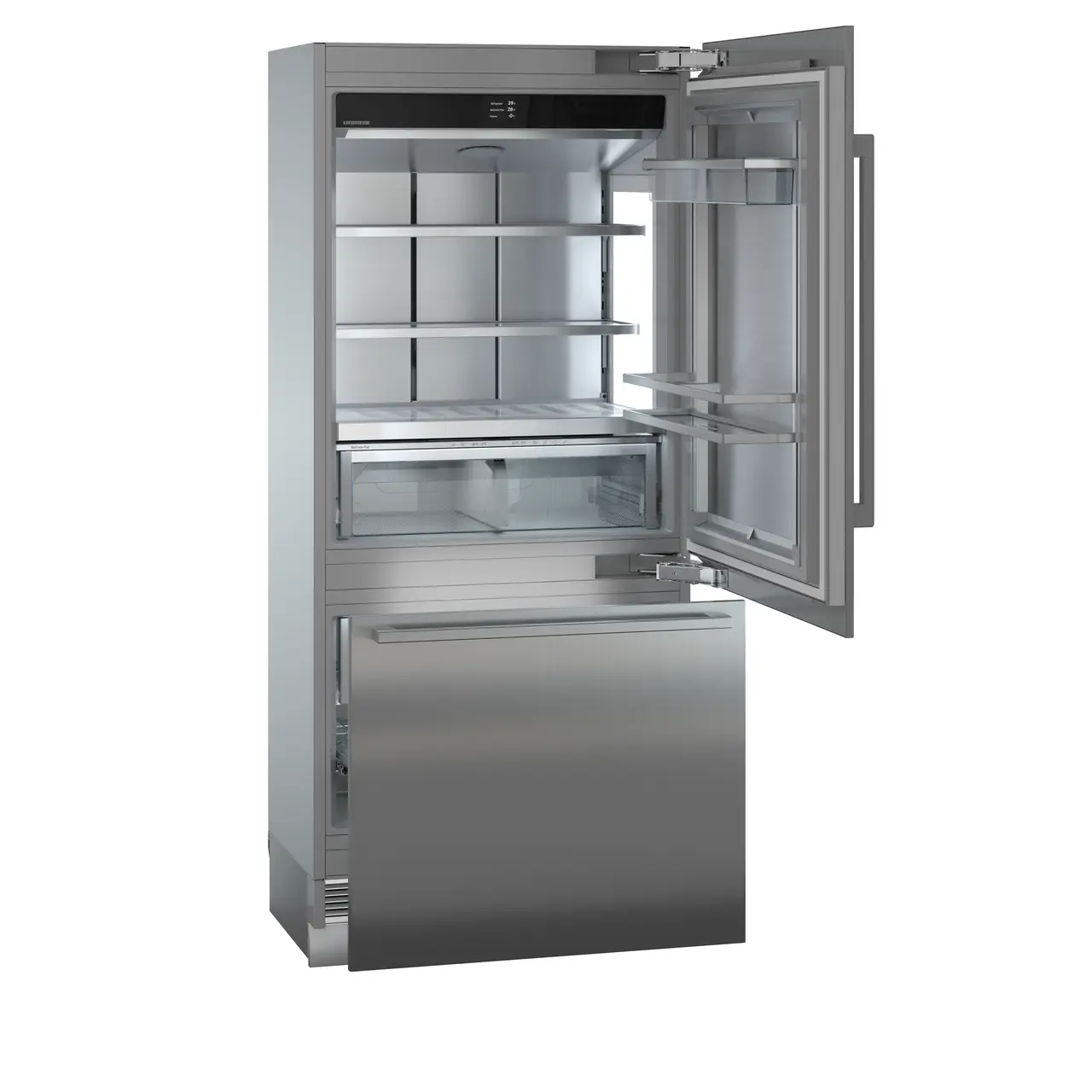 Product image, Perspective: oblique open empty, Combined refrigerator-freezer with BioFresh and NoFrost for integrated use, Casing colour: grey