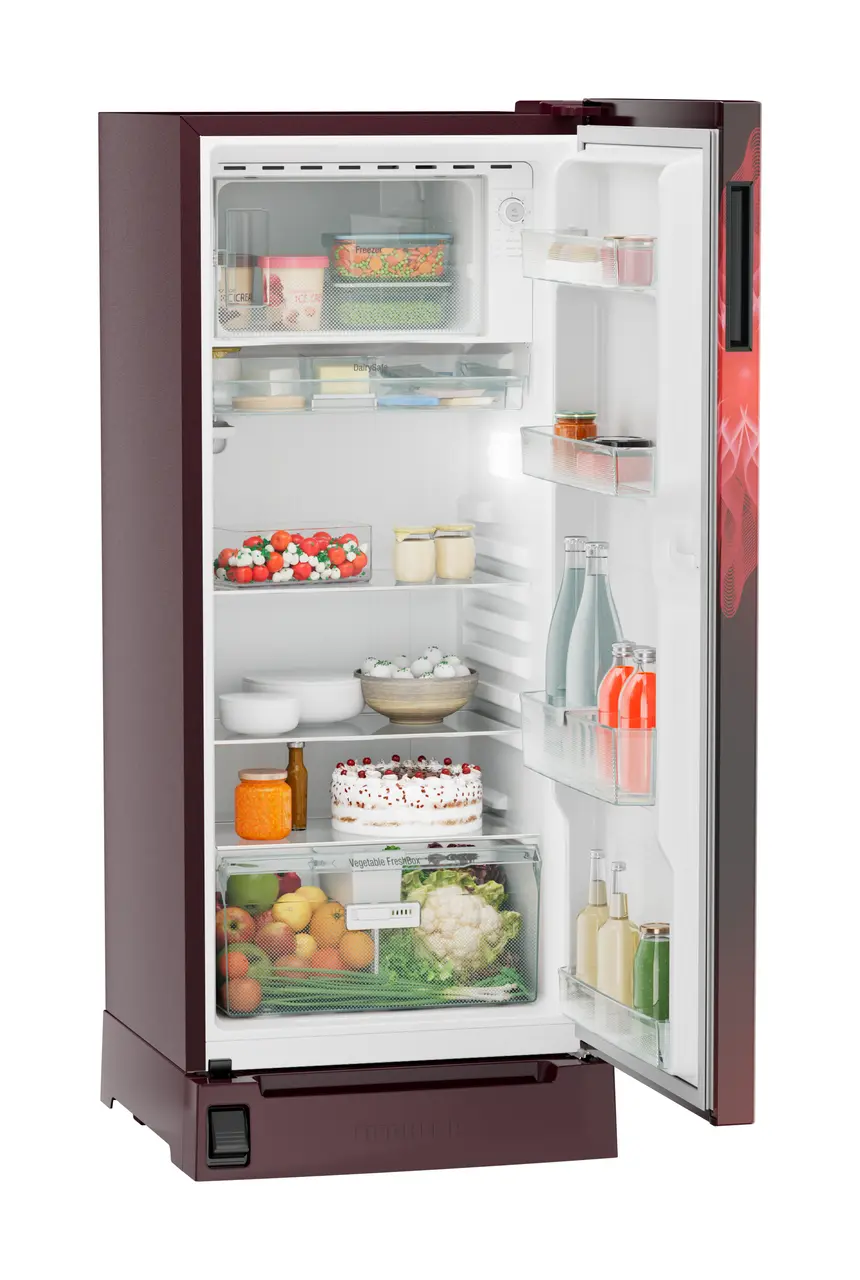 Product image, Perspective: oblique open decorated, Single-door refrigerator 202 l in 3 star with foot pedal base drawer, Casing colour: red, Door colour: Red Mystiq