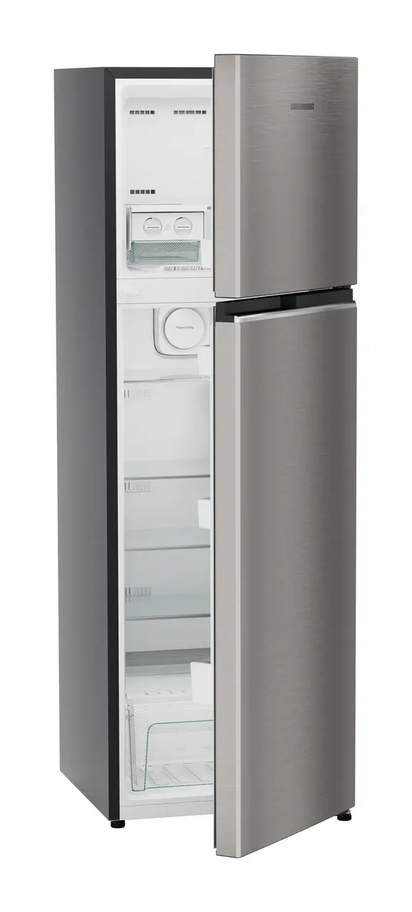 Product image, Perspective: oblique half-open empty, Fridge-freezer with NoFrost, Casing colour: grey, Door colour: Grey Steel