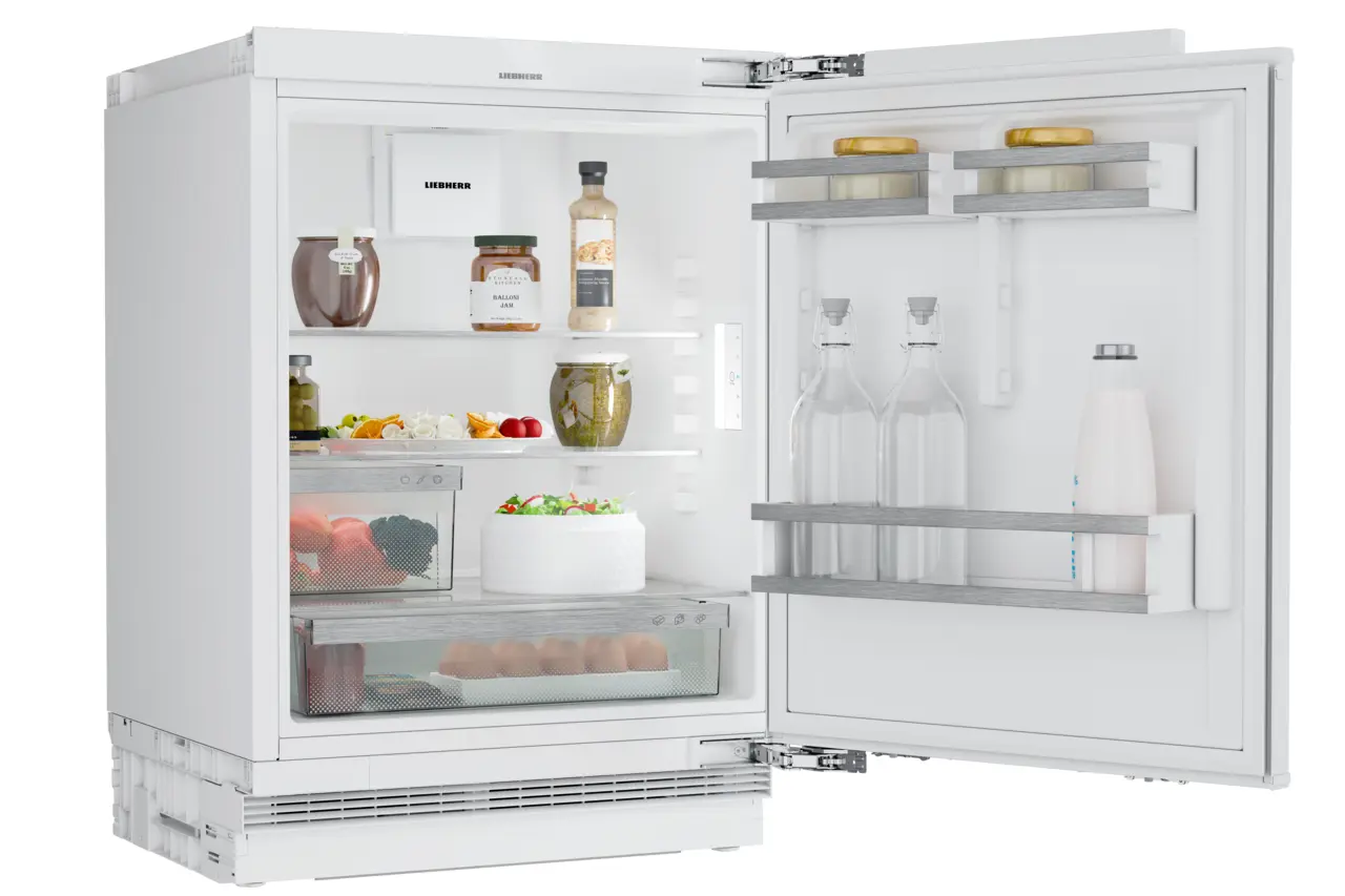 Product image, Perspective: oblique open decorated, Refrigerator suitable for undercounter installation
