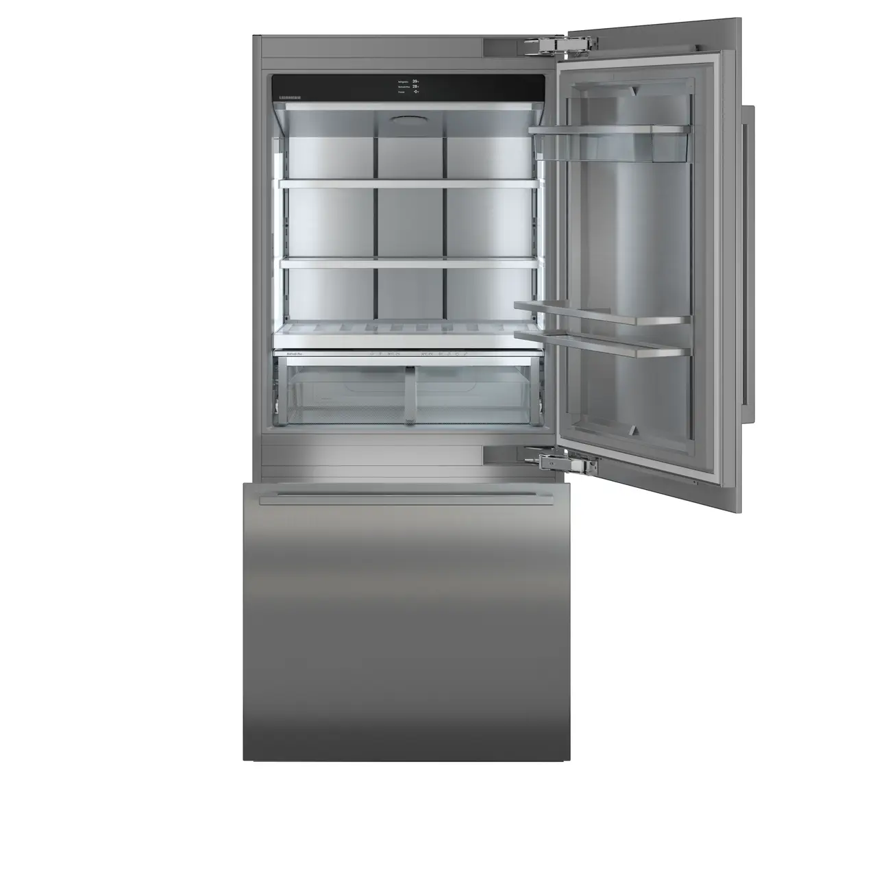 Product image, Perspective: straight open empty, Combined refrigerator-freezer with BioFresh and NoFrost for integrated use, Casing colour: grey