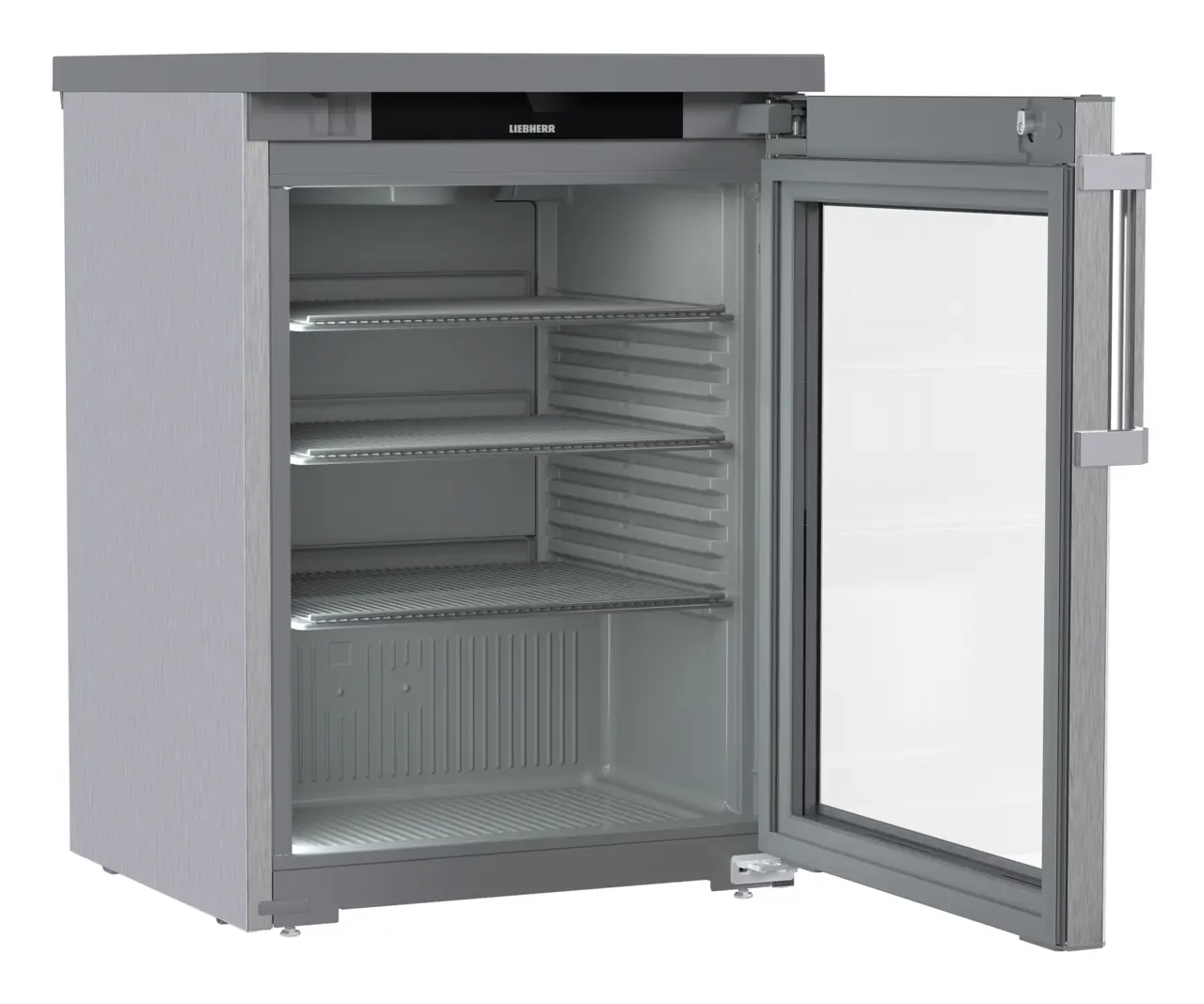 Obraz produktu, Perspektywa: Pod kątem, otwarte, puste, Chłodziarka do zabudowy pod blat z chłodzeniem powietrzem obiegowym, Kolor obudowy: Stal szlachetna, Kolor drzwi: Stal szlachetna