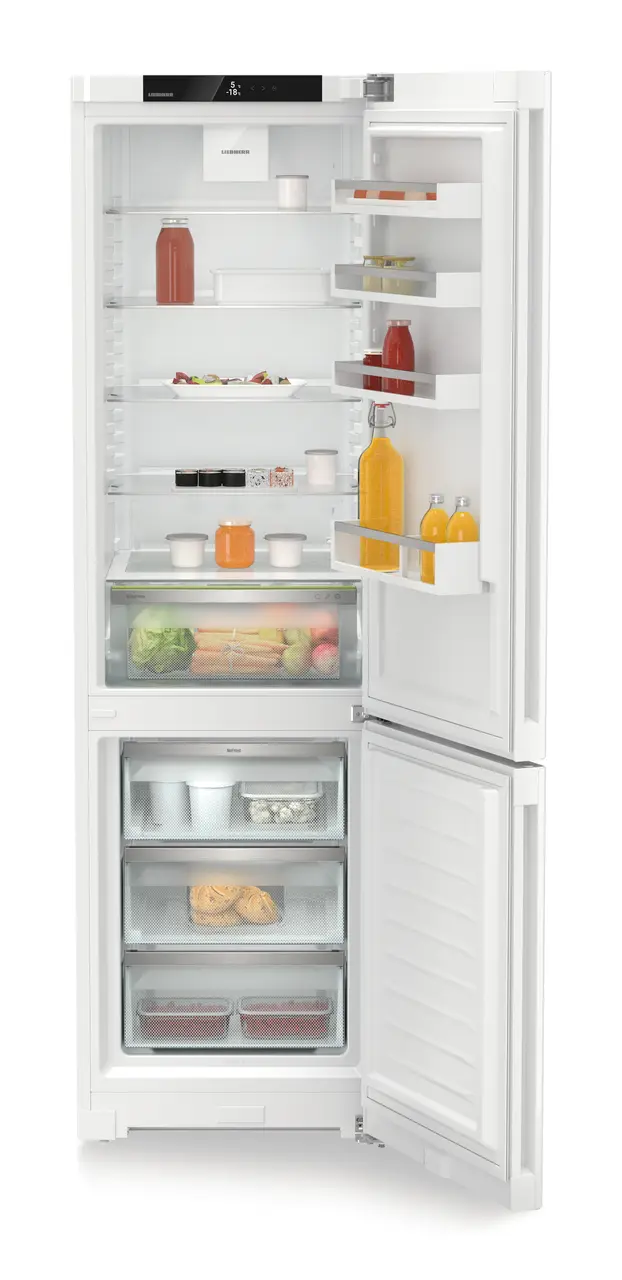 Product image, Perspective: straight open decorated, Combined fridge-freezers with EasyFresh and NoFrost, Casing colour: white, Door colour: white