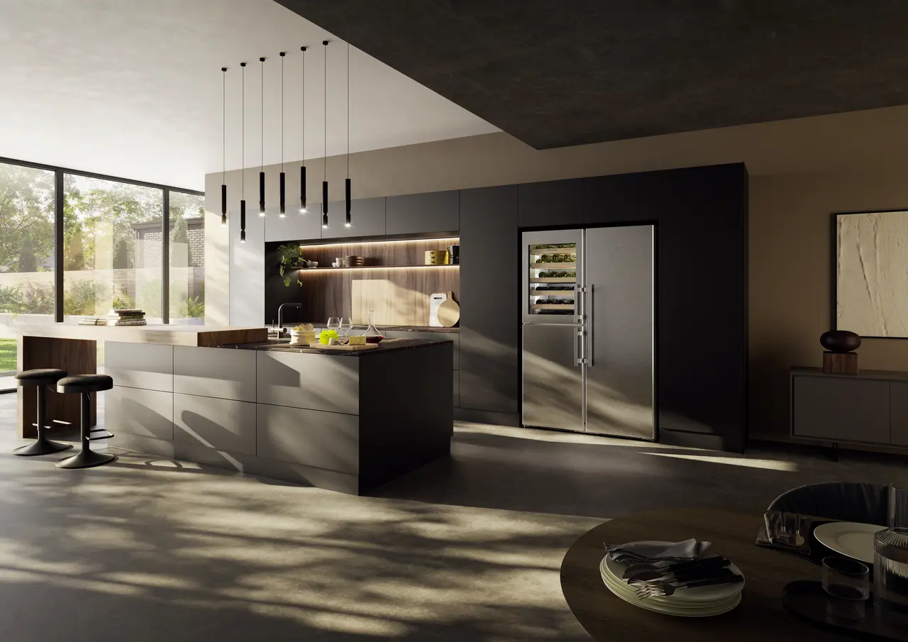 Product image, Perspective: milieu, Side-by-side combination with wine tempering compartment, Casing colour: stainless steel, Door colour: stainless steel