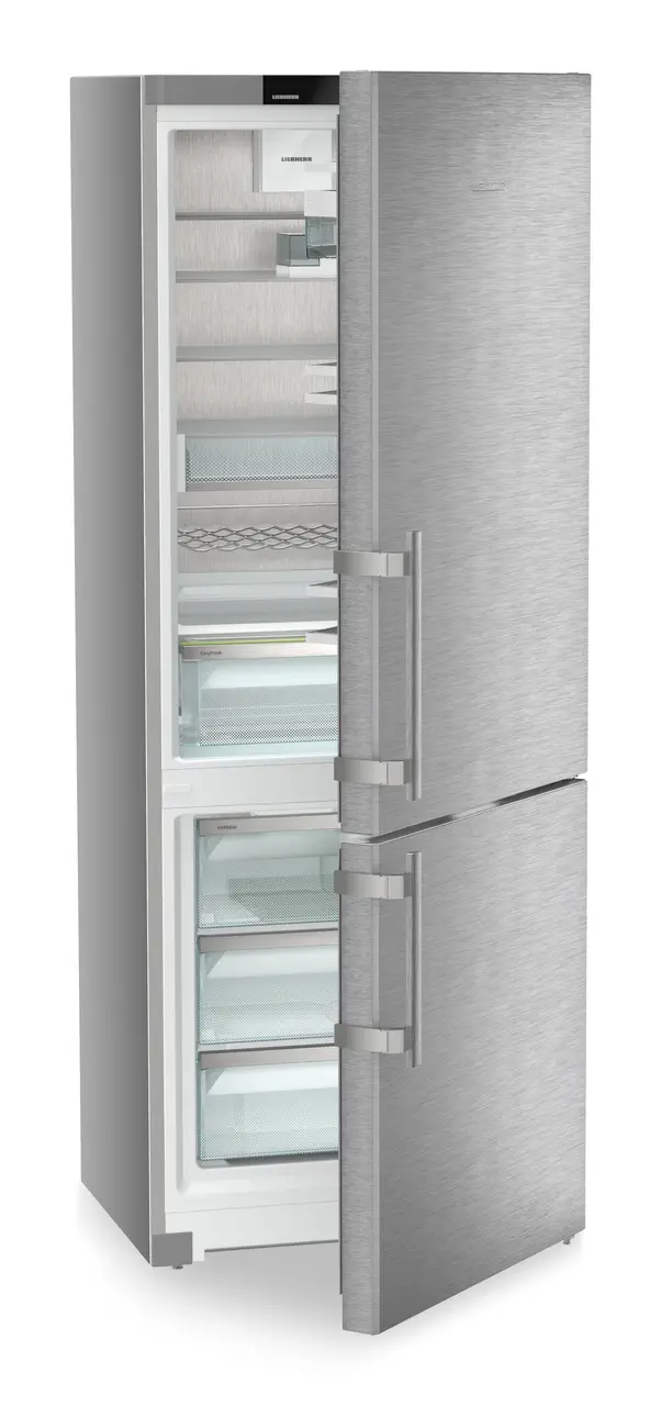 Product image, Perspective: oblique half-open empty, Combined fridge-freezers with EasyFresh and NoFrost, Casing colour: silver, Door colour: stainless steel