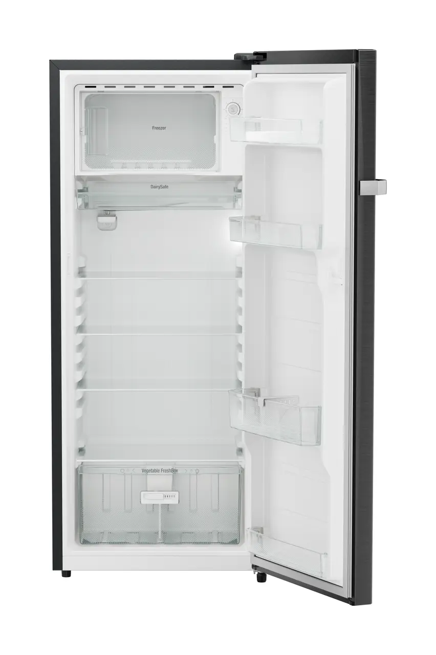Product image, Perspective: straight open empty, Single-door refrigerator 222 l in 3 star and horizontal handle, Casing colour: grey, Door colour: BlackSteel