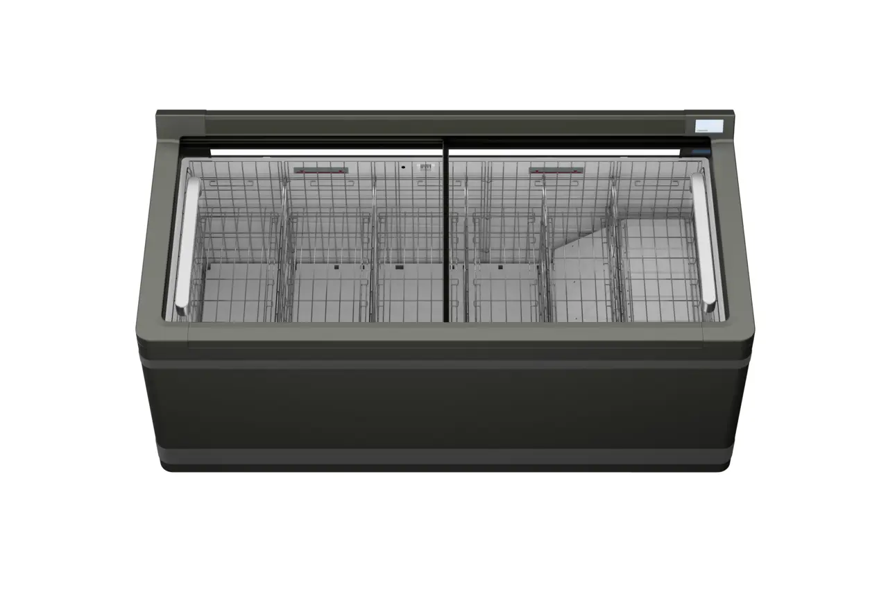 Изображение на продукта, Перспектива: Отпред, затворен, Хладилна и фризерна ракла за супермаркет, Цвят на корпуса: сив