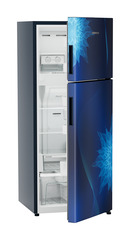 Product image, Perspective: oblique half-open empty, Fridge-freezer with NoFrost, Casing colour: blue, Door colour: Blue Mystiq