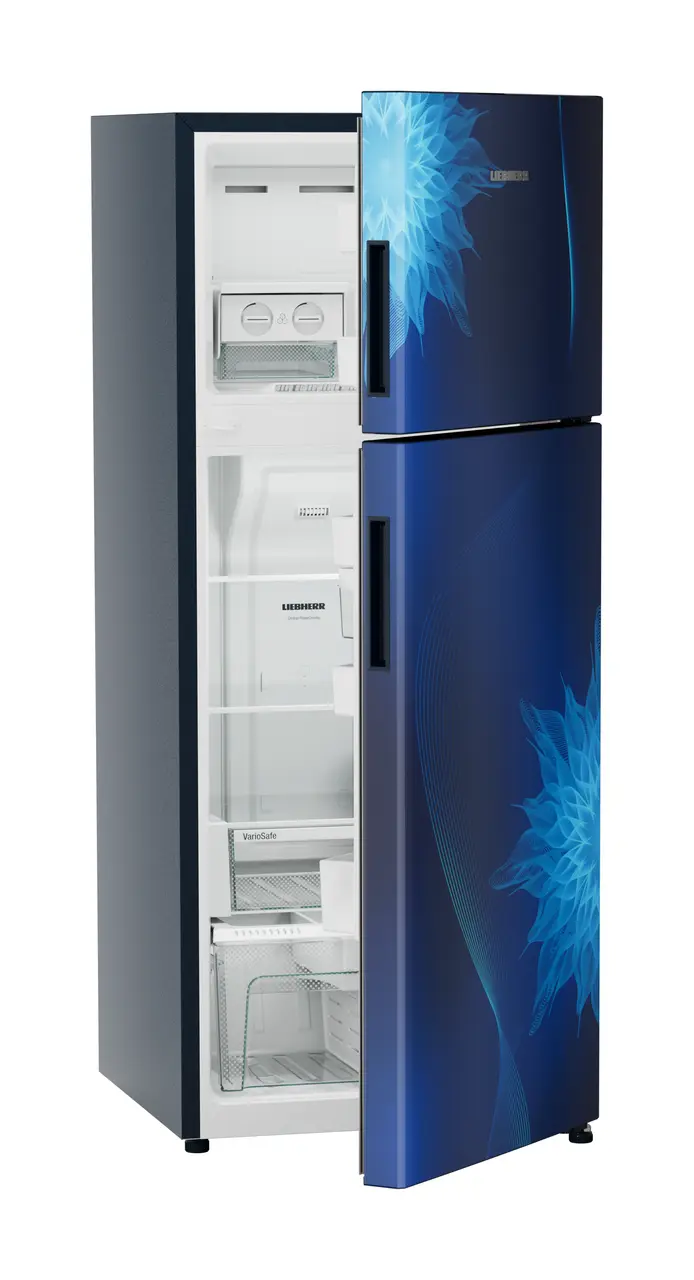 Product image, Perspective: oblique half-open empty, Fridge-freezer with NoFrost, Casing colour: blue, Door colour: Blue Mystiq