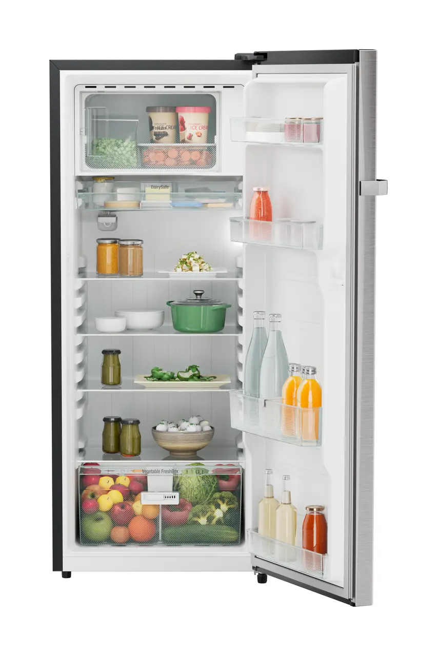 Product image, Perspective: straight open decorated, Single-door refrigerator 222 l in 4 star with iCoolTouch UI, Casing colour: grey, Door colour: Stainless Steel