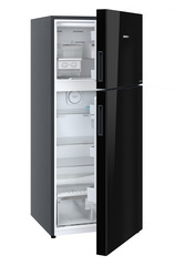 Product image, Perspective: oblique half-open empty, Fridge-freezer with NoFrost, Casing colour: grey, Door colour: Black Gloss