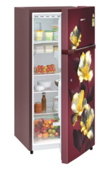 Product image, Perspective: oblique half-open decorated, Single-door refrigerator 191 l in 2 Star and with horizontal handle, Casing colour: red, Door colour: Red Hibiskus