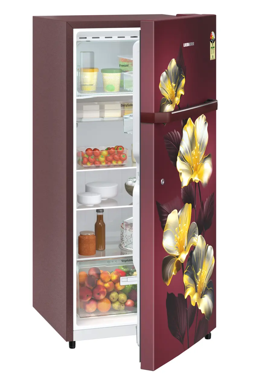 Product image, Perspective: oblique half-open decorated, Single-door refrigerator 191 l in 2 Star and with horizontal handle, Casing colour: red, Door colour: Red Hibiskus