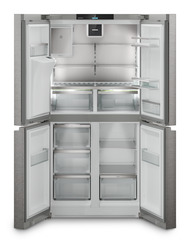 Obrázok produktu, Perspektíva: Spredu, spotrebič otvorený, prázdny, 4-dverová francúzska chladnička s mrazničkou s dávkovačom vody a kociek ľadu, Farba steny: Strieborný, Farba dverí: Ušľachtilá oceľ