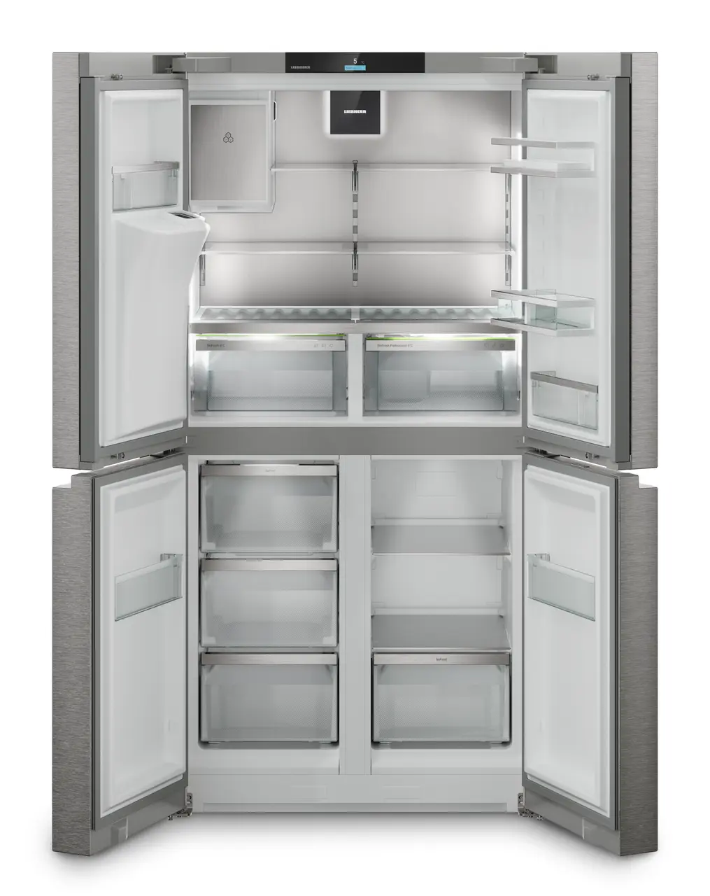 Obrázok produktu, Perspektíva: Spredu, spotrebič otvorený, prázdny, 4-dverová francúzska chladnička s mrazničkou s dávkovačom vody a kociek ľadu, Farba steny: Strieborný, Farba dverí: Ušľachtilá oceľ