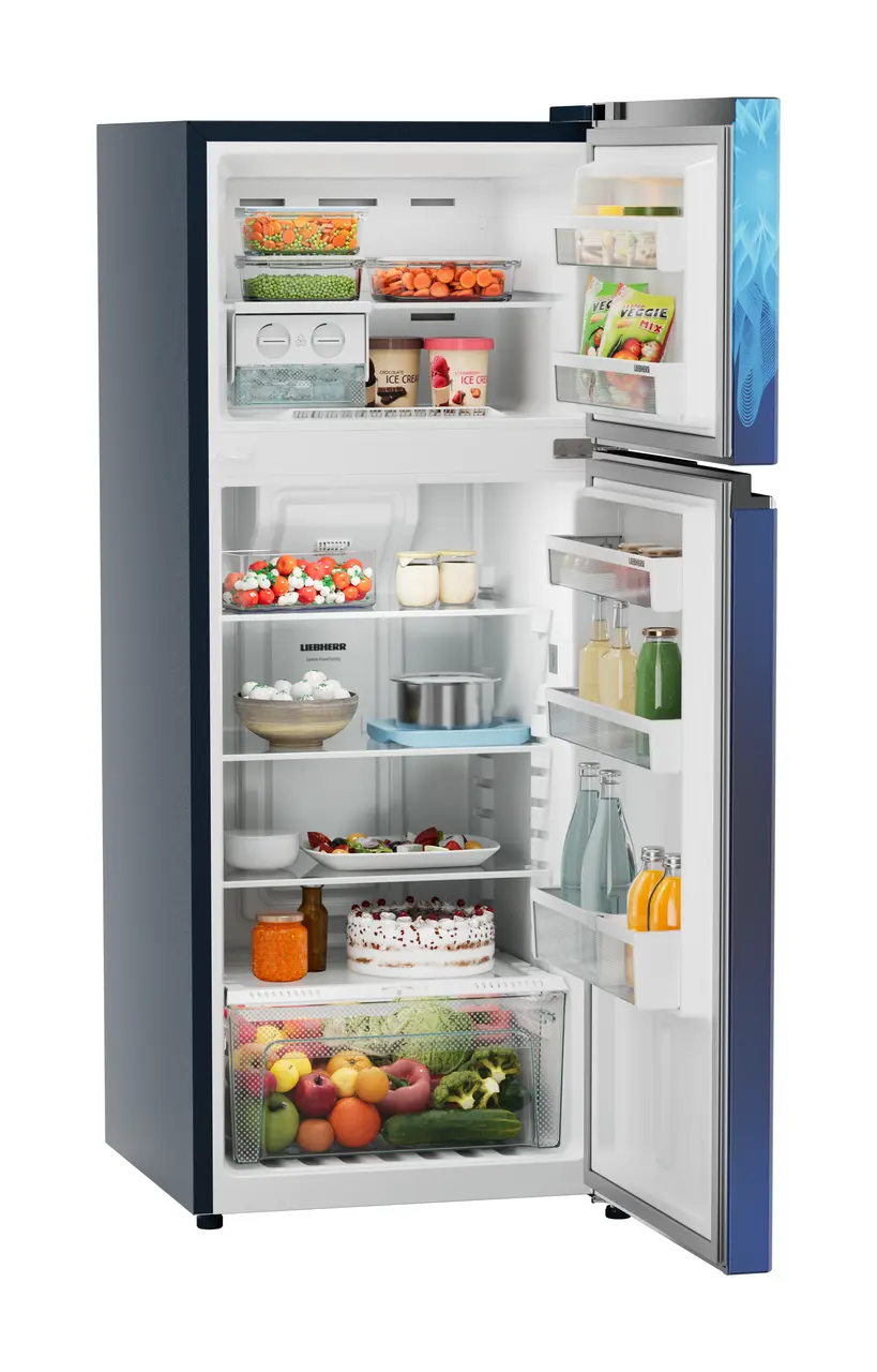 Product image, Perspective: oblique open decorated, Fridge-freezer with NoFrost, Casing colour: blue, Door colour: Blue Mystiq